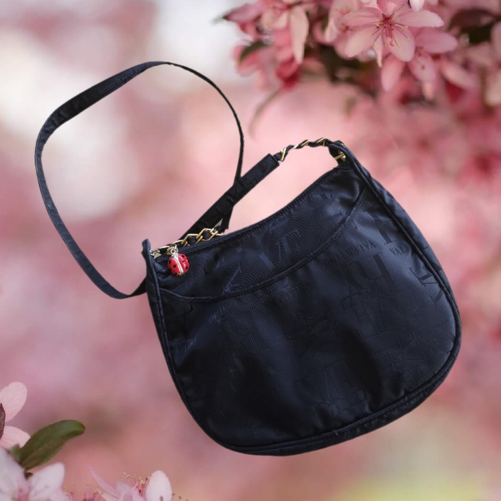 Flawless Vintage VALENTINO Black Fabric Shoulder Bag 🐞 Ladybug Charm